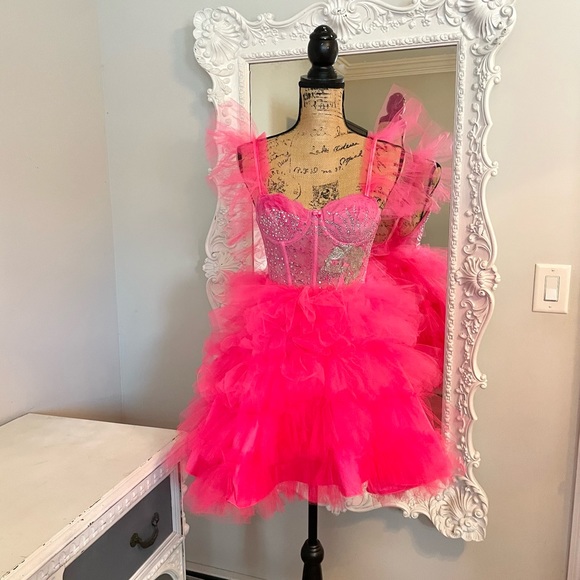 New York Couture Dreamy NEON PINK Bustier Skull Studded Party Dress - Picture 3 of 7